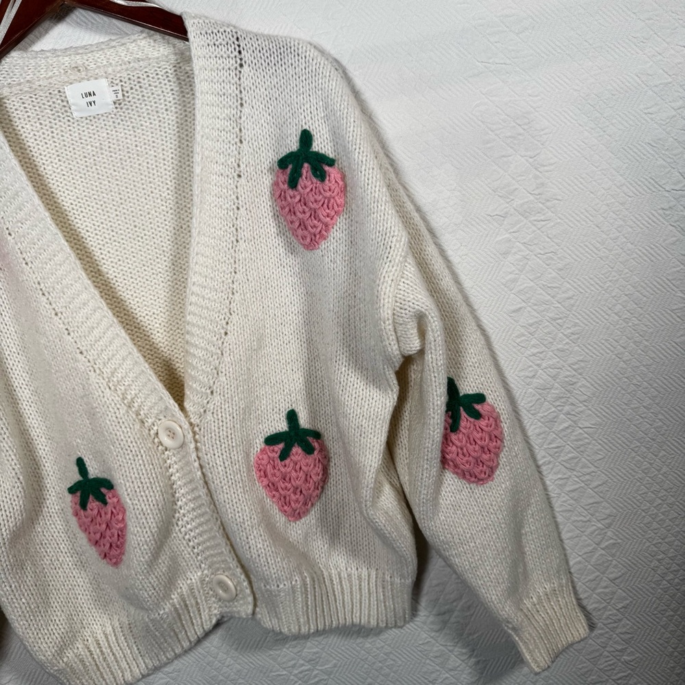 Luna Ivy Strawberry Crochet Cardigan Sweater Size… - image 3